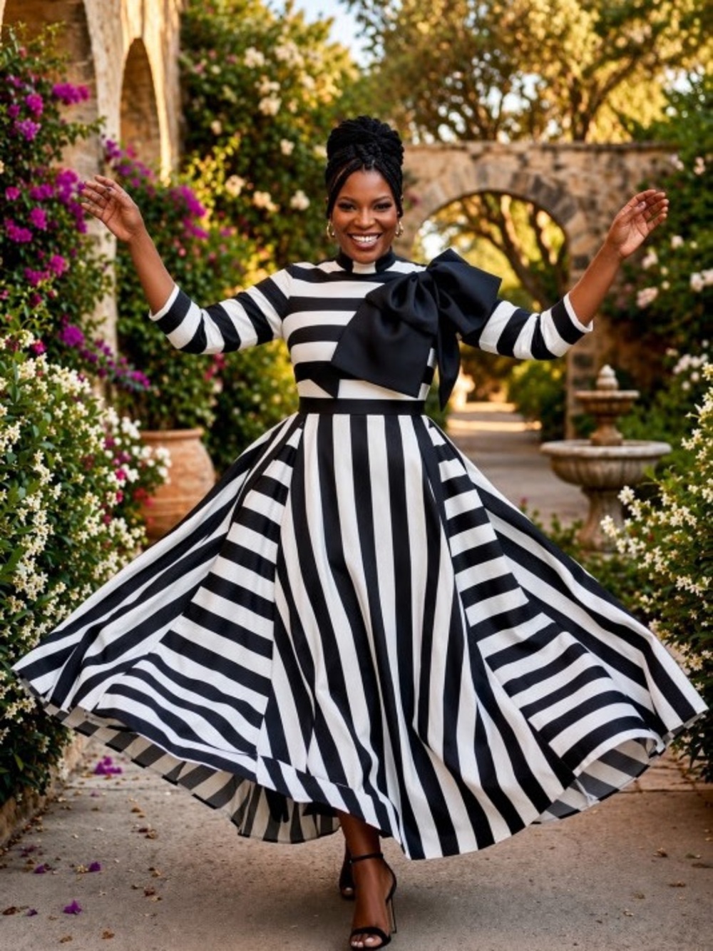 NEW Black & White Striped Fit-and-Flare Dress with Bow